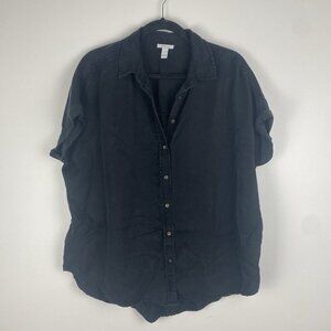 Daily Ritual Women's Short Sleeve Button Up Shirt Size L Black 100% Lyocell